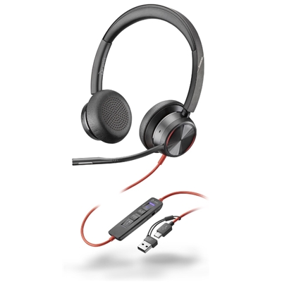 CUFFIE+MICROFONO POLY 8X225AA BLACKWIRE 8225 USB-C CON ADATTATORE USB-A 2Y ACOUSTIC FENCE CUSTODIA CERT.TEAMS