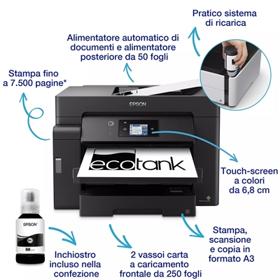 STAMPANTE EPSON MFC INK ECOTANK MONO ET-M16600 C11CJ41401 A3+ 3IN1 32PPM 550FG LCD USBLAN WIFI DIRECT FINO:30/06
