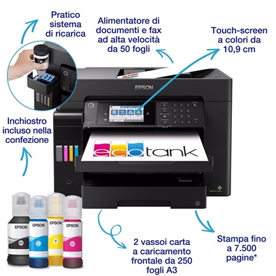 STAMPANTE EPSON MFC INK ECOTANK ET-16655 C11CH71411 A3+ 4IN1 32PPM ADF50FG 550FG USB LAN WIFI DIRECT LCD TOUCH FINO:30/06
