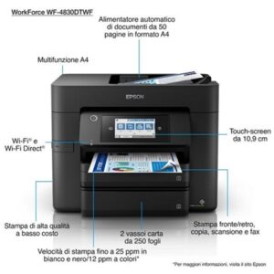 STAMPANTE EPSON MFC INK WORKFORCE PRO WF-4830DTWF C11CJ05402 A4 4IN1 36PPM F/R 500FG ADF LCD NFC USB LAN WIFI DIRECT FINO:30/06