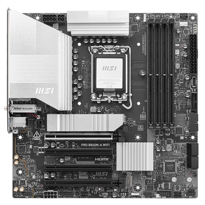 MB MSI PRO B860M-A WIFI LGA1851 4XDDR5DC-8600O.C. 1XHDMI 1XDP 1XTHUNDERB 1XPCIE5.0X16 3XM.2 4XSATA3R USB3.2 GBLAN WIFI7 BT MATX