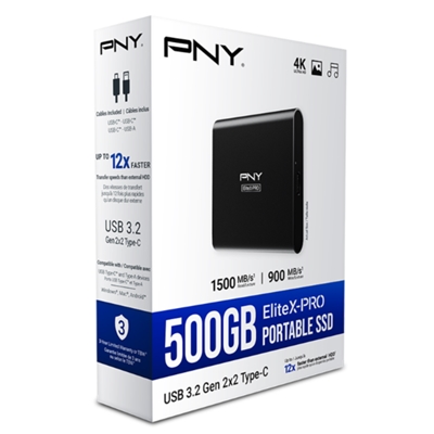 SSD-SOLID STATE DISK ESTERNO500GB USB3.2 TYPE-C PNY ELITEX-PRO PSD0CS2260-500 READ:1500MB/S-WRITE:900MB/S