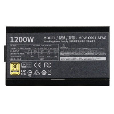 ALIMENTATORE ATX 1200W COOLER MASTER ELITE GOLD 1200 MPW-C001-AFAG-BEU 1200WATT 80+ GOLD ACTIVE PFC FAN135MM MODULARE