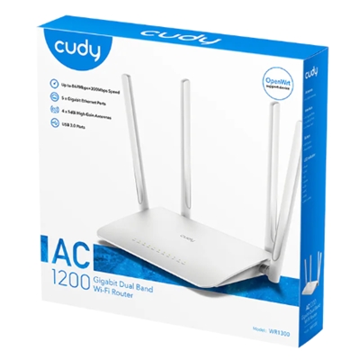 WIRELESS MESH ROUTER AC1200 DUAL BAND CUDY WR1300 300MBPS X2.4GHZ-867MBPS X 5GHZ- 802.11AC/A/B/G/N 5P GBIT RJ45 4 ANT.FISSE