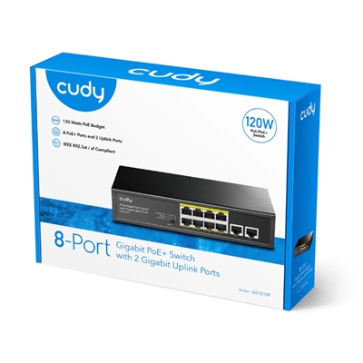 SWITCH 8P 10/100/1000M POE+ CUDY GS1010P +2P UPLINK GIGABIT RJ45 - ALIM.INT.80W