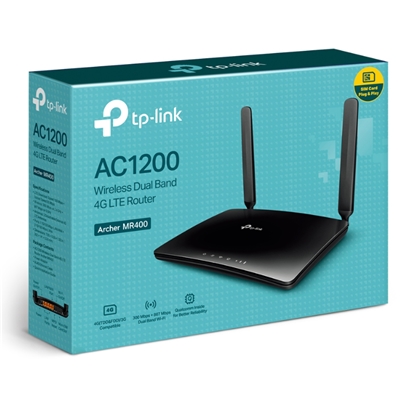 ROUTER AC1200 WIRELESS DUALBAND 4G LTE TP-LINK ARCHER MR400 3P 10/100+1P 10/100 WAN (300M 2.4GHZ+867M 5GHZ)-GAR.3 ANN FINO:30/06