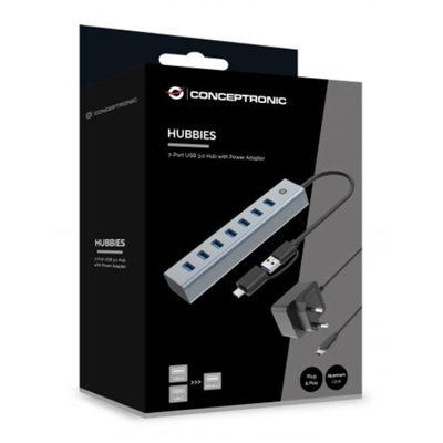 HUB USB3.0 A 7P CONCEPTRONIC HUBBIES21GP CON POWER ADAPTE5 GBPS 7P USB-A