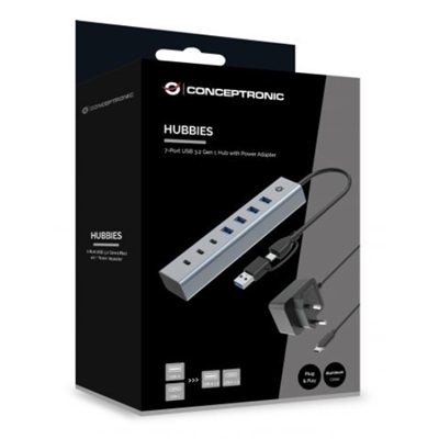 HUB USB3.0 A 7P CONCEPTRONIC HUBBIES20GP CON POWER ADAPTER- 5GBPS USB-C X 3PUSB-A X 4P