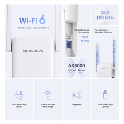 WIRELESS RANGE EXTENDER AX3000 MERCUSYS ME80X 574M 2.4GHZ+ 2402M 5GHZ