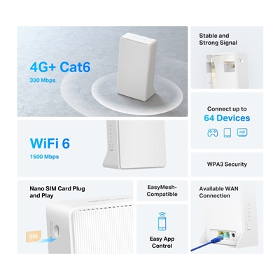 ROUTER AX1500 4G+ LTE WI-FI N300MERCUSYS MB260-4G -300MBPS 2.4- 4G CAT.6 300/50MBPS -3P GIG.LAN +1P GIGAB. WAN/LAN -ANT.INT.