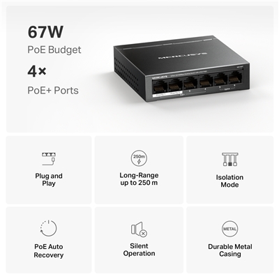 SWITCH 6P 10/100MBPSMERCUSYS MS106P DI CUI 4P POE+ -- ALIM.POE 67W