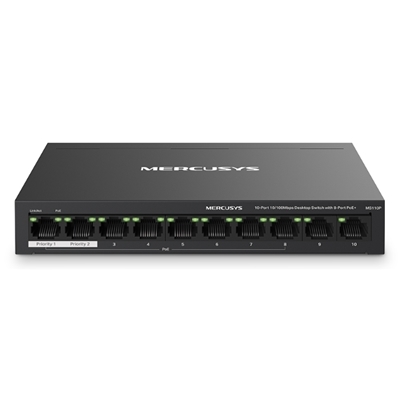 SWITCH 10P LAN 10/100M MERCUSYS MS110P DI CUI 8P POE+ - CUST.ACCIAIO - ALIM.POE 65W