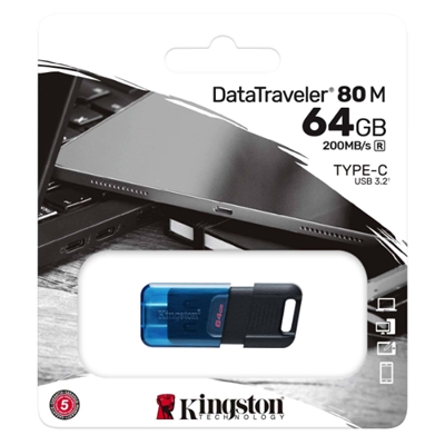 FLASH DRIVE USB TYPE-C  64GB KINGSTON DT80M/64GB READ: 200MB/S NERO+BLU