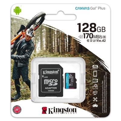 MICRO SECURE DIGITAL 128GB SDCG3/128GB CLASS10 U3 V30 + ADATTATORE READ:170MB/S WRITE:70MB/S CANVAS GO PLUS KINGSTON