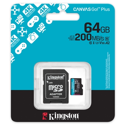 MICRO SECURE DIGITAL64GB SDCG4/64GB CLASS10 U3 V30 + ADATTATORE READ:200MB/S CANVAS GO PLUS GEN4 KINGSTON