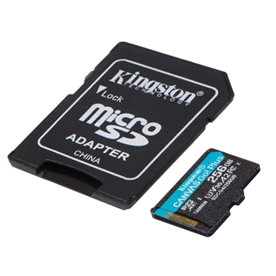 MICRO SECURE DIGITAL 256GB SDCG4/256GB CLASS10 U3 V30 + ADATTATORE READ:200MB/S WRITE:160MB/S CANVAS GO PLUS GEN4 KINGSTON