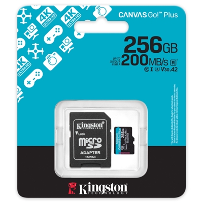 MICRO SECURE DIGITAL 256GB SDCG4/256GB CLASS10 U3 V30 + ADATTATORE READ:200MB/S WRITE:160MB/S CANVAS GO PLUS GEN4 KINGSTON