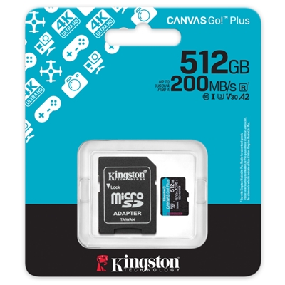 MICRO SECURE DIGITAL 512GB SDCG4/512GB CLASS10 U3 V30 + ADATTATORE READ:200MB/S WRITE:160MB/S CANVAS GO PLUS GEN4 KINGSTON