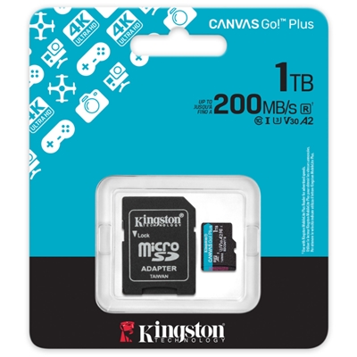 MICRO SECURE DIGITAL 1000GB(1TB) SDCG4/1TB CLASS10 U3 V30 + ADATTATORE READ:200MB/S WRITE:160MB/S CANVAS GO PLUS GEN4 KINGSTON